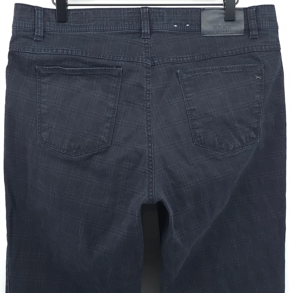 Brax Mens Pants Cooper Fancy 36x34 Navy Blue Plaid Regular Fit Trousers